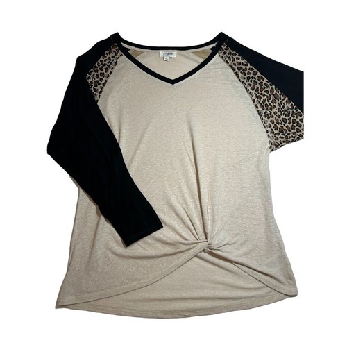 Umgee Women's Leopard Print Long Sleeve Top M Beige Black Linen Blend - Picture 5 of 7