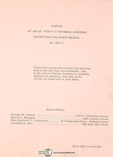 Norton 14" & 18" Type U-4, Universal Grinders Instruction and Parts Manual 1959 - Picture 3 of 6
