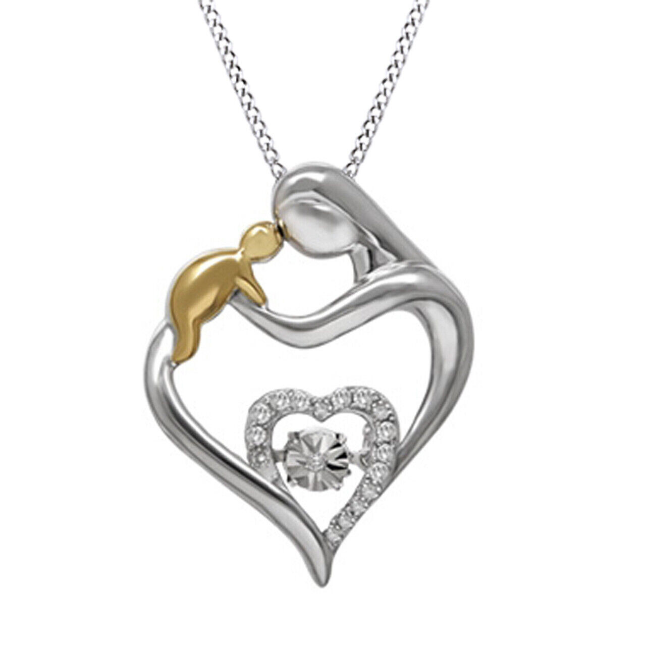 Simulated Birthstone & Diamond Mother & Child Heart Pendant - 14k White Gold Over Sterling Silver, 1.1 CTTW