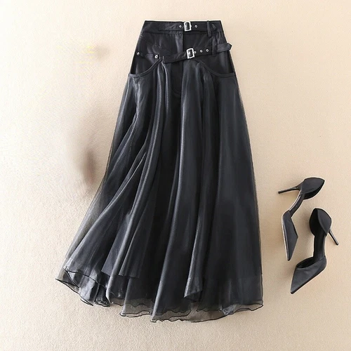 UK Women Denim Mesh Skirt Lace Splice Midi High Waist A-line Pleated Frill - Picture 1 of 17