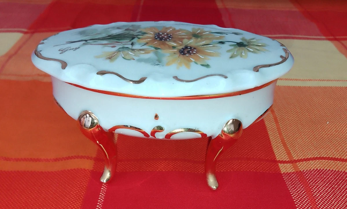 Boîte à Bijoux Ou Pilules Limoges - Porcelaine Bleu Marine Et Or, Motif Fleuri - Signée E. Thomas