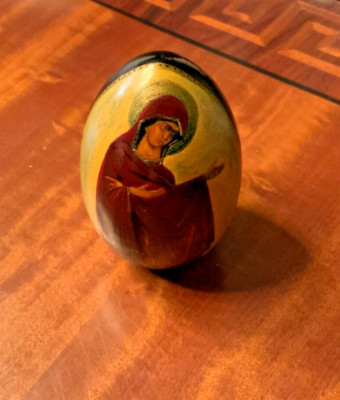 Vintage Russian Orthodox Easter Egg Wood Hand Painted Signed 3 Inches