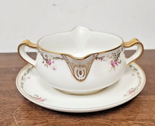 RARE HAVILAND LIMOGES H5068 GRAVY BOAT W/ATTACHED PLATE-PINK ROSES GREEN SCROLL