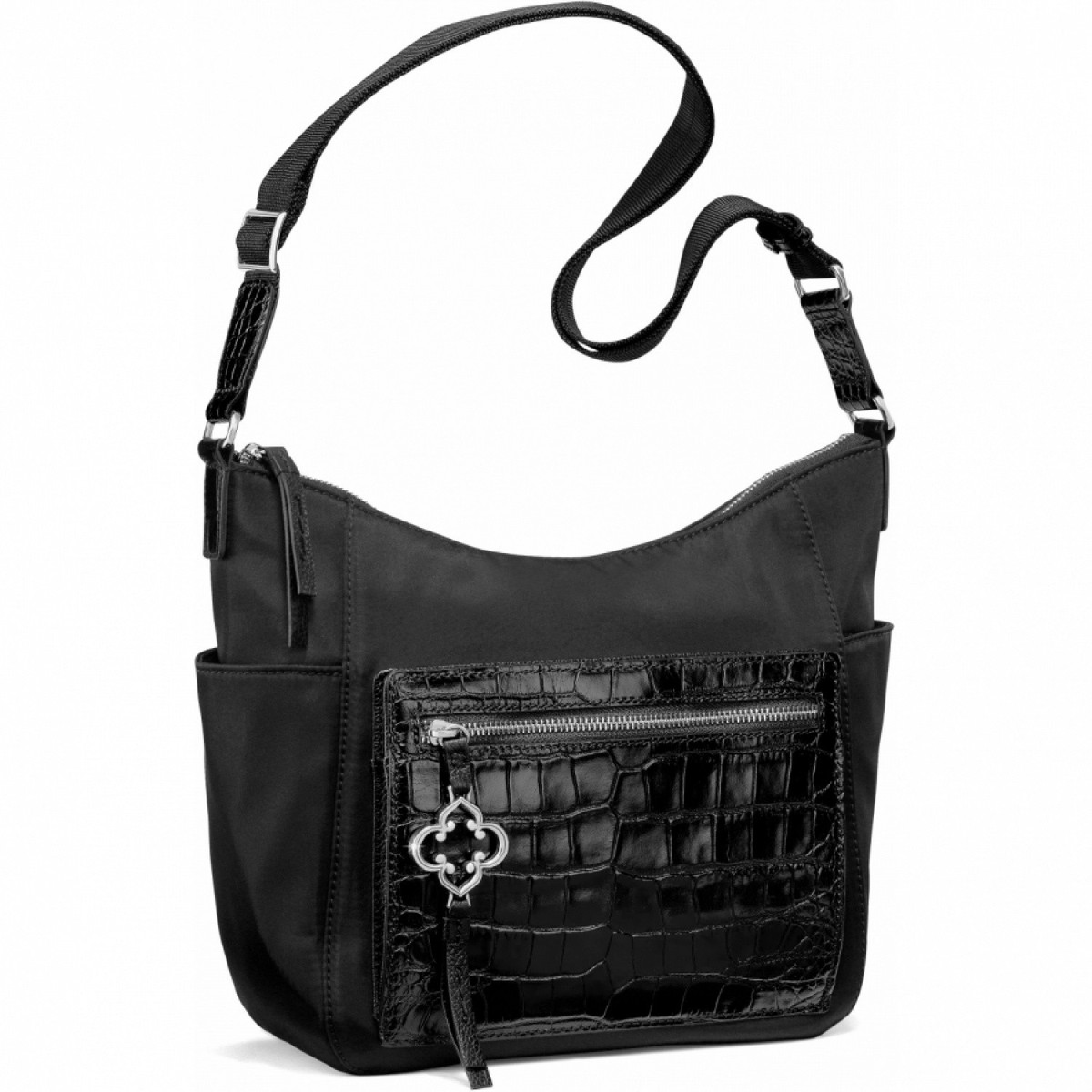 Brighton Bentley Convertible Backpack in black.  Brighton Flat Front Backpack Large in Black Alligator  main image 2