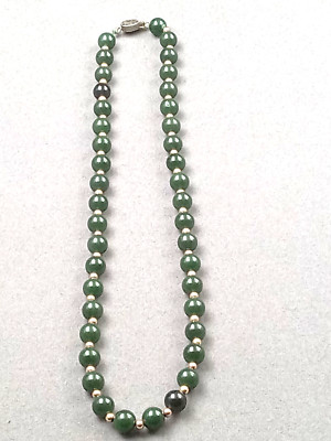 18'' Green Gemstone Jade Necklace w. One Black Bead. Silver Clasp. Chinese Export