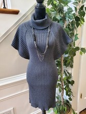 Calvin Klein Women's Gray Acrylic High Neck Short Sleeve Knee Length Dress Small