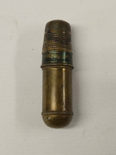 Antique BRASS Thimble Needle Mini Travel SEWING KIT Wood Spools 2" tall GERMANY