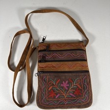 Embroidered Leather Crossbody Purse Floral Multicolor 4 Zip Boho Bag