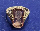 Vintage Embossed etched Cameo Filigree Purple Glass 925 Sterling Silver Size 8