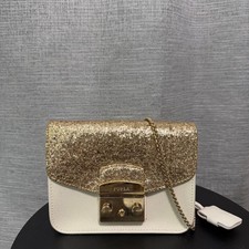 FURLA Metropolis Shoulder Bag Gold Beige Glitter Chain Gold Handware from Japan