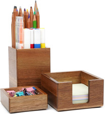 3 PCS Brown Wooden Desk Organizer Set Pine Wood Office Desk Accessories with Pen