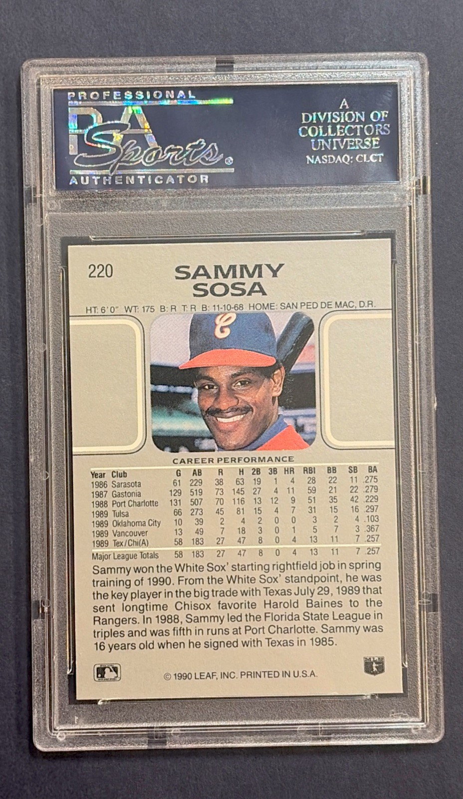 1990 Leaf Sammy Sosa RC #220 Rookie PSA 10 view 2