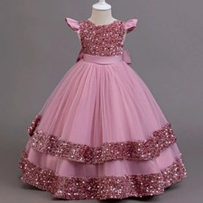 Elegant Girl Dress Sequined Mesh Princess Dress Kid Graduation Prom Evening Gown