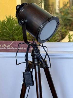 Kaoyi Industrial Tripod Dimmer Floor Light/Lamp. Solid Wood Oil Bronze