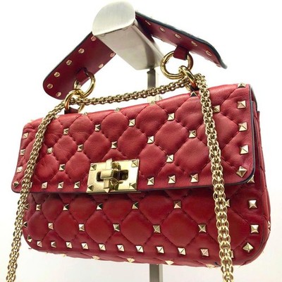 Valentino Garavani Shoulder Bag Spike Red Leather Chain Gold Hardware Turnlock