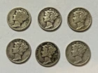 Lot of 6 Mercury Silver Dimes – 1927, 1941x2. 1943Dx2, 1944 – 90% Silver