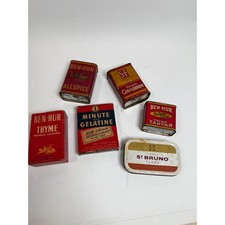 6 Antique 1940’s Spice Tins St Bruno Flake,S&F Cinnamon,Ben-Hur Allspice & Thyme