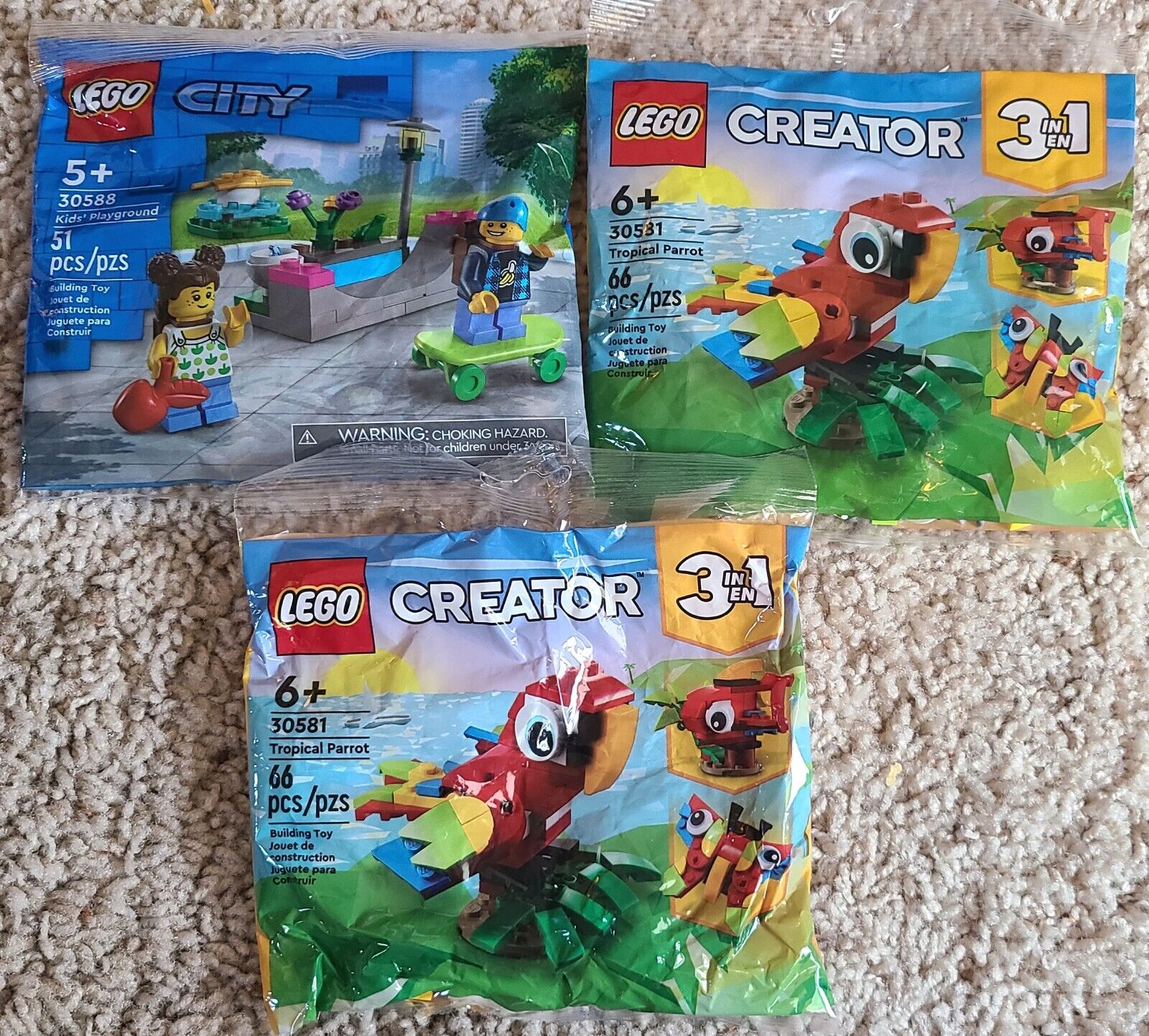 Lot Of 3 LEGO 30581 2 Creator 3 In 1 Tropical Parrot 1 City Polybag *BRAND NEW*