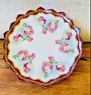 M.Z. Austria Hand painted Rose Pattern China Plate Scalloped Edges Gold Accents