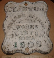 1902 Clinton Bridge & Iron Works Cast Iron Sign Plaque Iowa IA