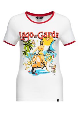 QUEEN KEROSIN Damen Ringer T-Shirt mit Gardasee-Artwork Lago Di Garda