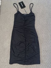 Pretty Little Thing black ribbed strappy gathered front bodycon dress Size 2
