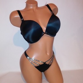 Victoria Secret Bra Set 36D Bombshell Push Up Medium Panty Stars Black Shine New