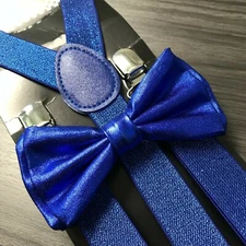 Metallic Royal Blue Glitter Suspenders and Bow Tie Matching Set Wedding Adult
