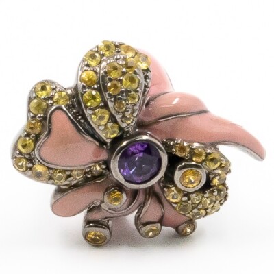 3.25ct 925 Sterling Sliver Ring Pink Enamel with Yellow Saphire and Amethyst