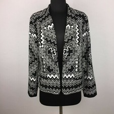 Chico's Womens 1 US M/8 Black White Patterned Open Front Blazer Jacket Lined