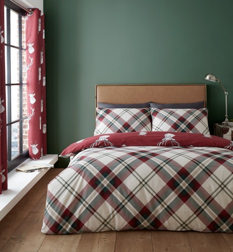 Catherine Lansfield Munro Stag Check Reversible Duvet Cover Bedding Set Red - Picture 10 of 41