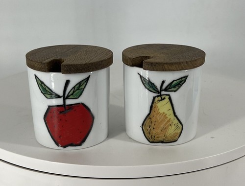 Farmhouse Jelly Jars Made in Japan Wooden Lid w/ Pear and Orange Design.