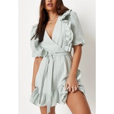 Missguided Gingham Wrap Midi Dress Ruffle Puff Sleeve Mint Green Size US 8
