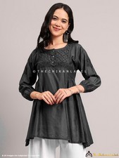 Black Chanderi Chikankari Short Kurta, Handmade Lucknowi Chikankari Tunic Top