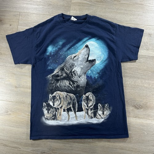 Gildan Heavy Cotton Large Wolf Nature Tee Wolf Pack Howling Moon Winter Wolf