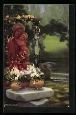 Cartolina artistica firmata Enrique Serra: Statua di una santa con bambino 