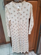 Aria Nightgown Womens Medium Beige Pink Floral Fleece Long Sleeve Cotton Poly