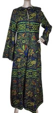Vintage 70s Ethnic Bohemian Batik Birds Floral Angel Sleeve Dashiki Kaftan Dress