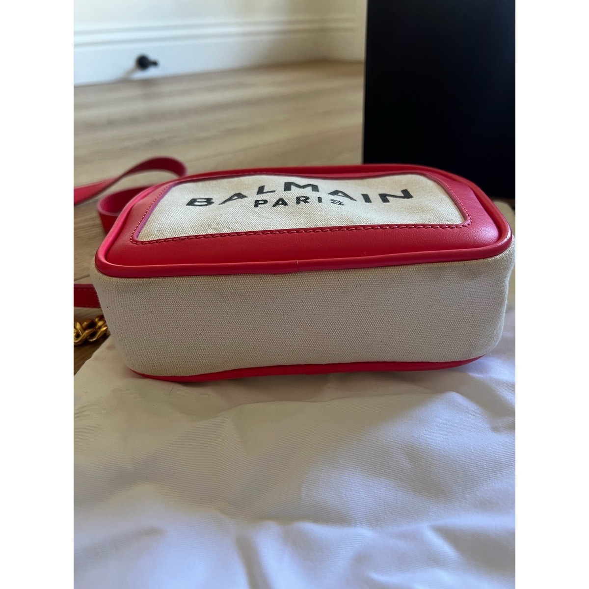 Balmain Paris Canvas Leather Trim Camera Bag Pink Gold Chain Logo