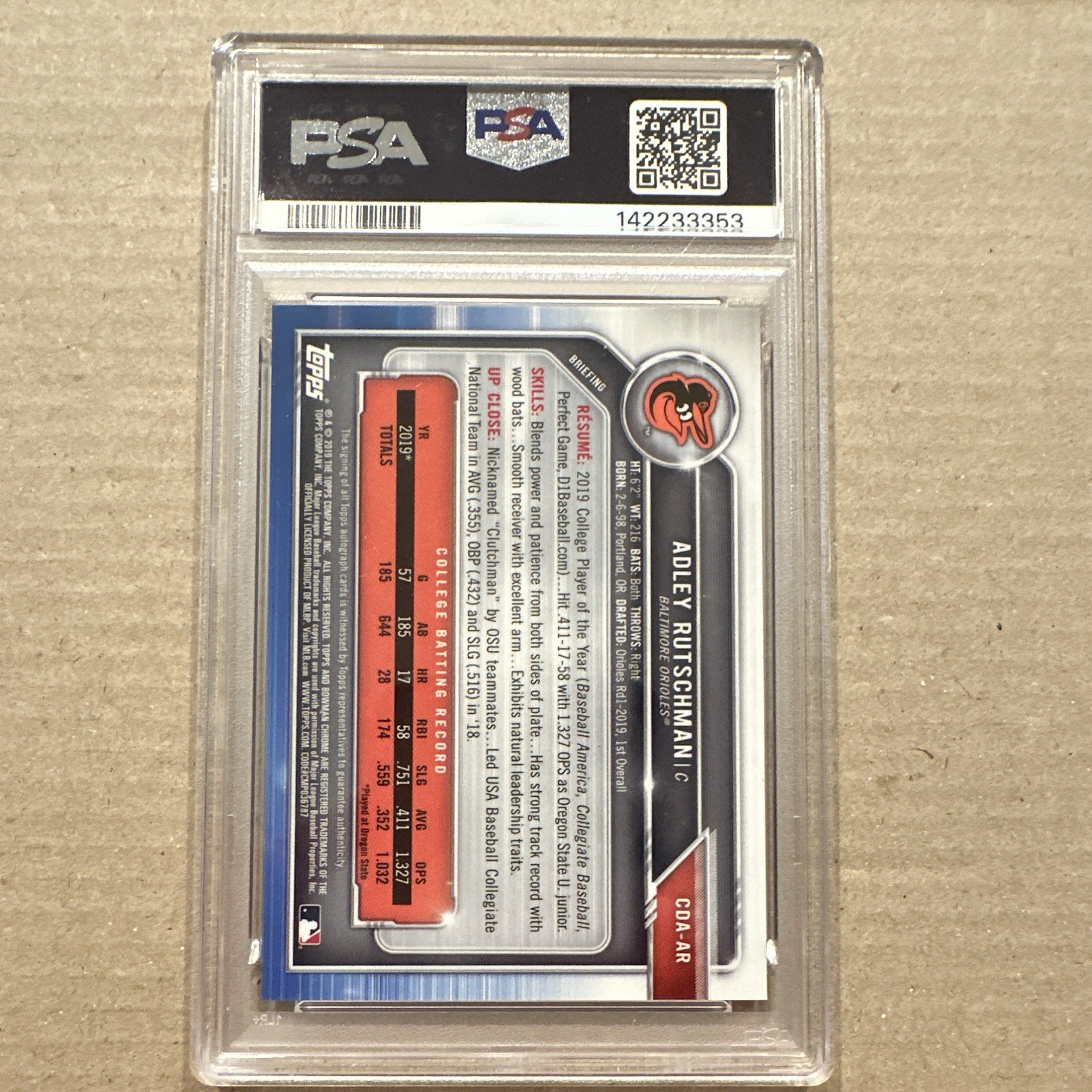 TOPPS 2019 BOWMAN DRAFT ADLEY RUTSCHMAN ORIOLES RC AUTO CDA-AR PSA 10 /499 view 2