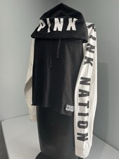 PINK Nation Victoria's Secret Black White Cropped Hoodie Sweatshirt Logo Women L