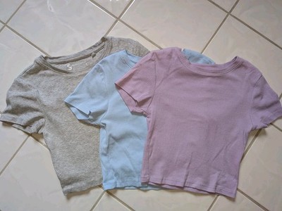 New Yorker FSBN Sister 3 gerippte T-Shirts Gr. XXS/XS/S grau lila hellblau 