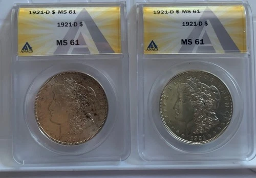 2- 1921 D Morgan Silver $1’s, Both ANAC Graded MS61, Nice Coins 🪙 ￼