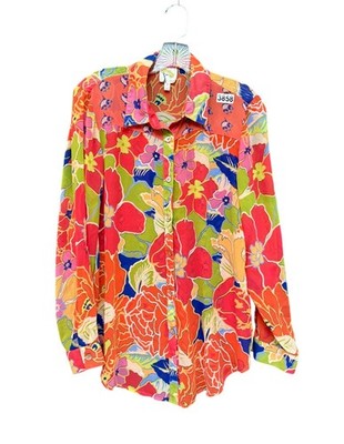 Fig & Flower Shirt Blouse Top Button Up Floral Sheer Chiffon Orange Pink Large