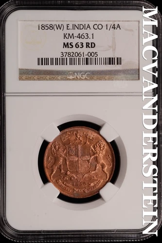India: 1858(W) EIC 1/4A - KM-463.1  NGC MS 63 RB - Scarce  No Reserve  #SLi458