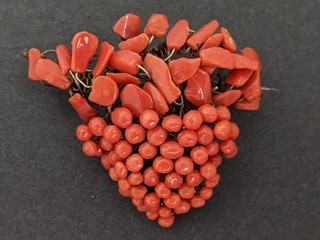 Antique Victorian Sterling Silver Salmon Red Coral Bundle Of Grapes & Leaves Pin