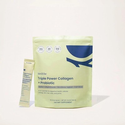 bird & be Triple Power Collagen + Probiotic and NAD+booster, 30 stick packs