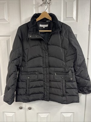 Larry Levine Down Jacket Womens Black Size Large Puffer Coat Faux Fur Collar