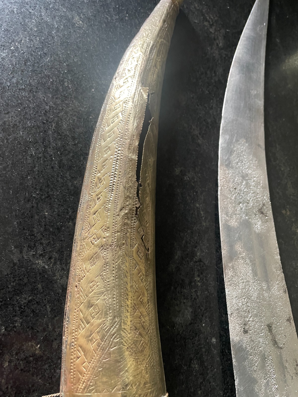 Antique Arabian Jambiya Dagger – Silver-Brass – Worn Scabbard – As is.