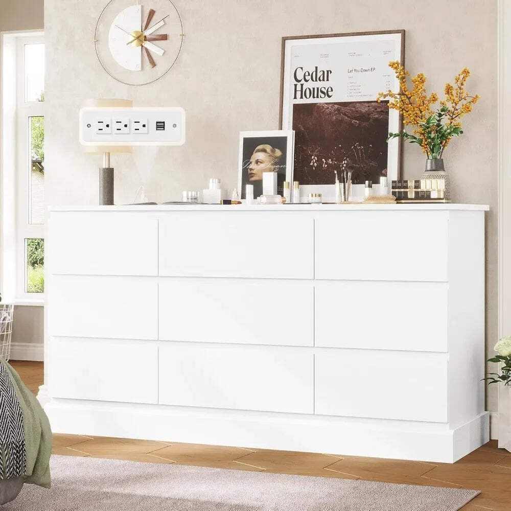 Modern White 9-Drawer Long Dresser 61.4 Inch Storage Chest